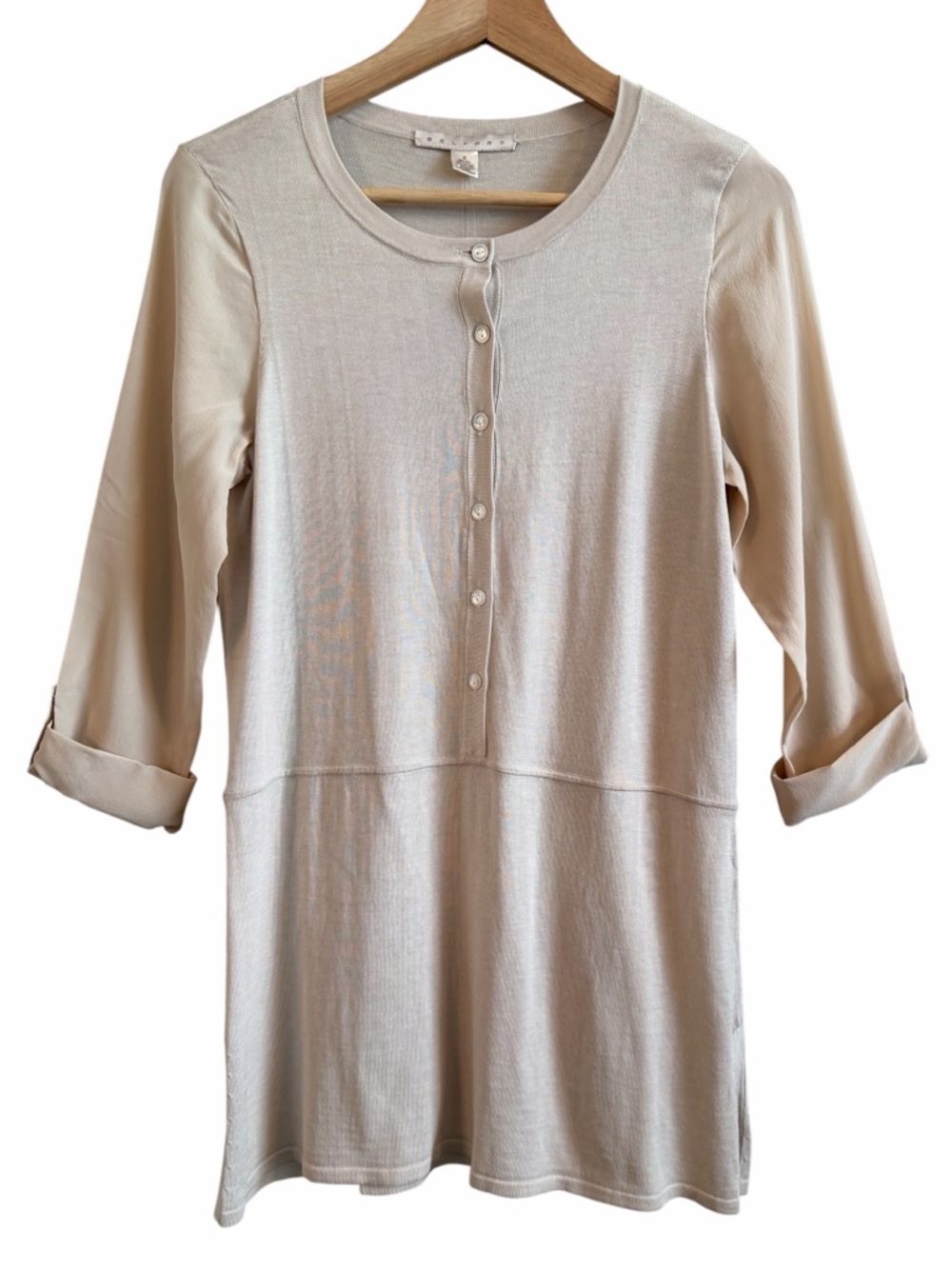 Belford Tunic Top Womens S Knit Beige Tan Silk Cotton Roll Tab Slv Button 2 Tone